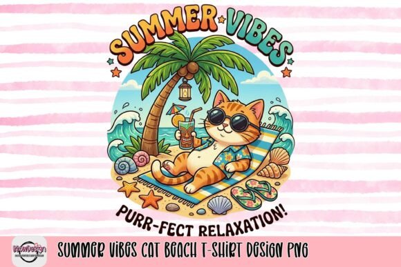 Capturing Summer's Joy: The Cat Beach T-Shirt Design PNG